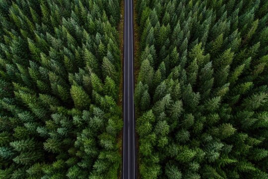 A dark asphalt road bisects a dense evergreen forest