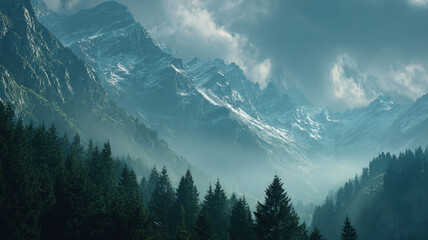 A scenic view of snow capped mountains and a dense forest under a cloudy sky creating a serene landscape