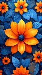 Vibrant orange flowers against a backdrop of deep blue leaves
