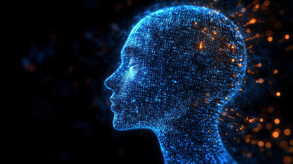 AI Virtual Digital Human Composed of Blue Binary Code