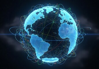 A glowing blue globe surrounded by colorful lines against a dark background with clouds around it