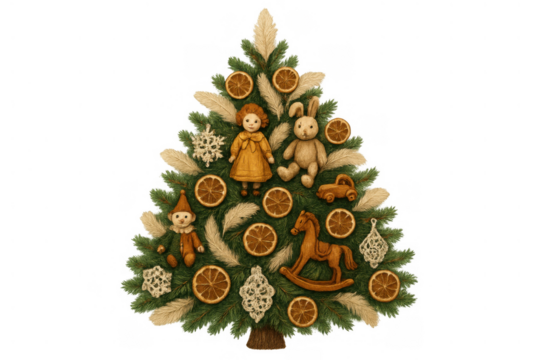 Christmas tree decorated with vintage toys, dried oranges, pampas grass, creating rustic holiday theme on transparent background