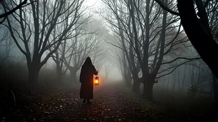 Figure in hooded cloak walking through foggy forest with lantern - Powered by Adobe