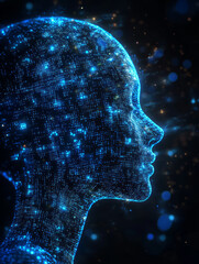 AI Virtual Digital Human Composed of Blue Binary Code