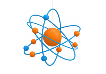 Stylized atom model with orbiting electrons isolated on transparent background