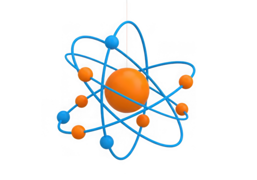 Stylized atom model with orbiting electrons isolated on transparent background