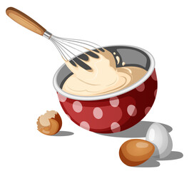 Whisk Beating Batter in Mixing Bowl with Eggs and Shells. Baking Scene Illustration for Cooking and Recipe Designs