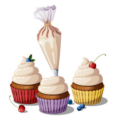 Cupcakes Being Frosted by Icing Bag with Vanilla Cream and Berry Toppings – Bakery Concept and Dessert Illustration