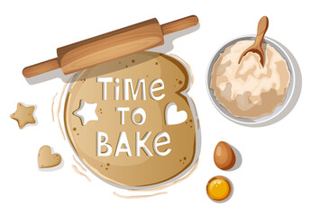 Time to Bake Cutout on Cookie Dough with Rolling Pin, Eggs, and Flour Bowl – Baking Process Illustration for Culinary Blogs, Recipe Cards, and Food Design Projects