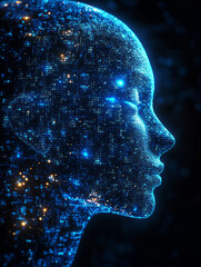 AI Virtual Digital Human Composed of Blue Binary Code