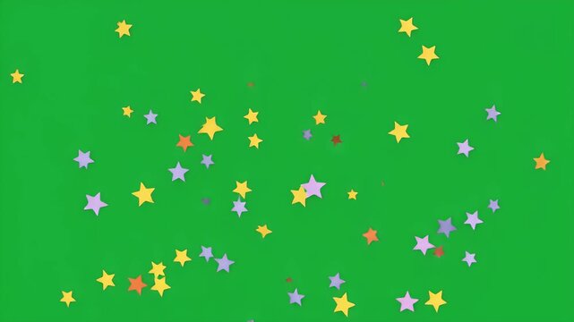 Abstract background of multicolored star-shaped confetti floating on a green screen, ideal for festive events and video editing