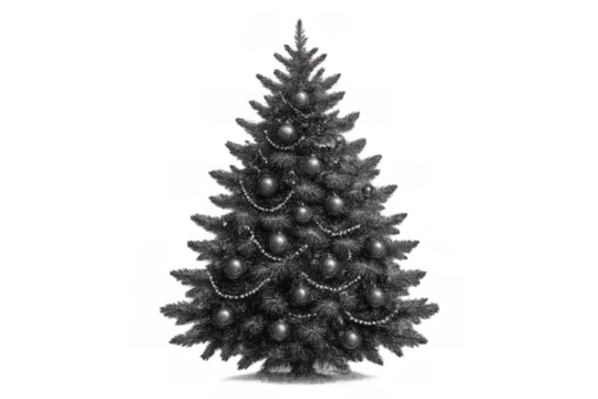 Christmas tree decorating in vintage black and white style creating a festive holiday atmosphere with ornaments and garland