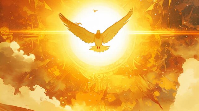 Glowing dove with spread wings, representing holy spirit. Christian art concept, faith symbol, divinity light footage.