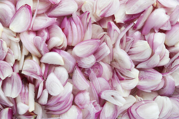 Full frame close-up of raw sliced shallots.