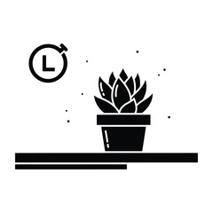 A black silhouette of a potted succulent plant with a timer icon in a circle