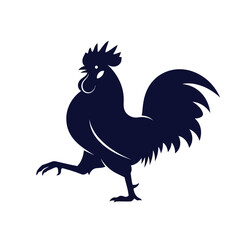 A dark blue silhouette of a rooster standing on one leg with its chest puffed out