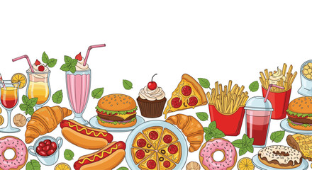 Colorful hand-drawn illustration of popular fast food, sweet treats, and refreshing beverages creating a vibrant seamless border on a white background.