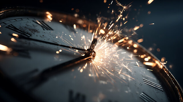 Close up of a clock with roman numerals and sparks flying from the center mechanism of the clock