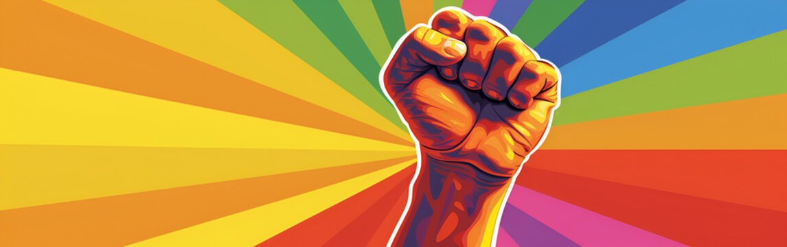 Empowering fist raised against vibrant rainbow background, symbolizing strength and unity in diversity