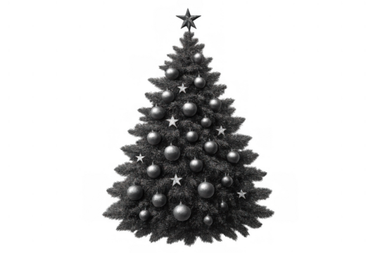 Christmas tree decorated with ornaments and star, celebrating winter holidays, monochrome rendering on transparent background