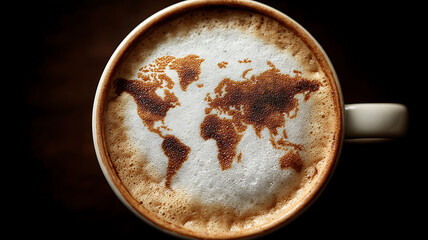 A cup of coffee with a world map design in the foam on a dark background viewed from overhead