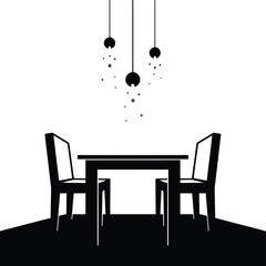 A minimalist silhouette of a dining table with two chairs, set under three hanging light bulbs with falling stars