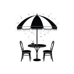A black silhouette of a cafe table with two chairs and an umbrella, with a cup of coffee on the table, suggesting outdoor dining and relaxation