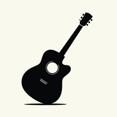 A black silhouette of an acoustic guitar with six strings and a soundhole, isolated on a light cream background, representing music and melody