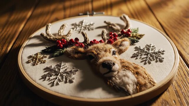 A three-dimensional embroidery of a festive reindeer with red berries and snowflakes in a hoop on a wooden table.