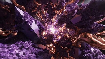Stunning abstract animation showing a powerful purple crystal explosion surrounded by elegant flowing gold metallic liquid and glowing particles creating - Powered by Adobe