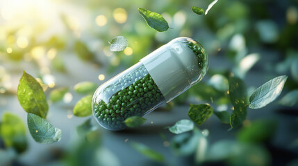 Green herbal ingredient capsules, dietary supplement concept