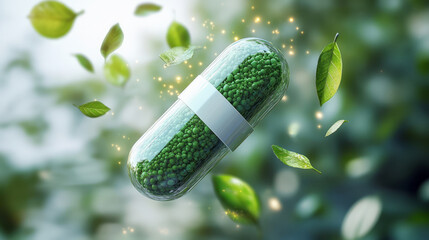 Green herbal ingredient capsules, dietary supplement concept