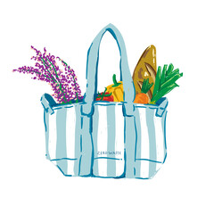 reusable shopping bag with fresh vegetables bread and flower in hand drawn style, Vector art healthy and sustainability Illustration for branding, advertising, posters, banners.