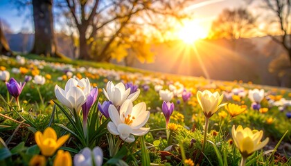 Vibrant sunrise illuminates a field of colorful crocuses