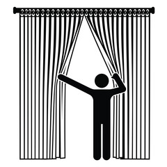 Black silhouette of a person pulling open curtains, revealing a bright space, symbolizing discovery, revelation, or a new beginning