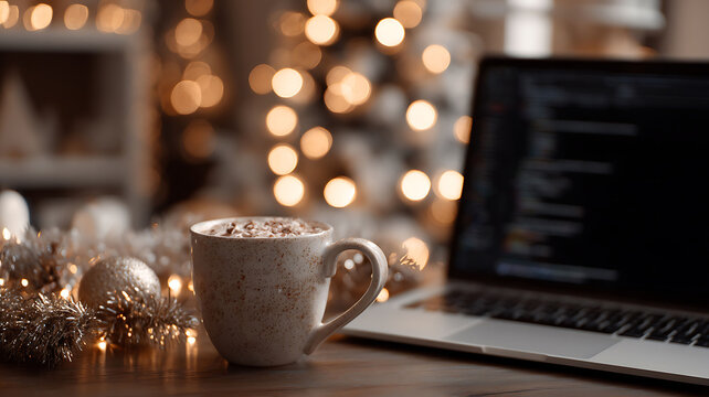 Festive workspace with hot chocolate, laptop, christmas ornaments and bokeh lights in the background - Powered by Adobe