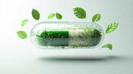 Green herbal ingredient capsules, dietary supplement concept