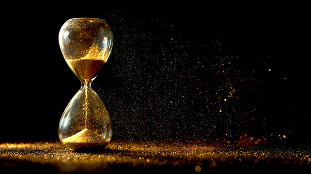 A golden hourglass with glittering sand on a dark background showing the passage of time slowly - Powered by Adobe