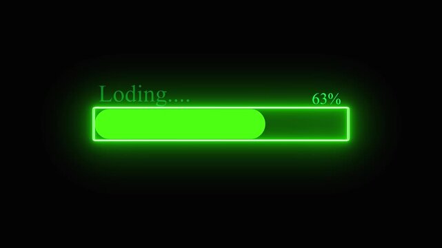 Futuristic green progress bar glowing brightly at 100 percent with animated download indicator. Neon Green Loading Bar at 100 Percent with Glowing Text progress download.
