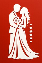 Silhouette of a bride and groom kissing with hearts on red background