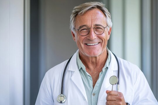 Smiling senior male doctor wearing glasses and white coat with stethoscope around his neck stands confidently in bright medical office, radiating warmth and professionalism - Powered by Adobe