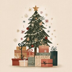 Cozy Christmas tree illustration with wrapped gifts, snowflakes, and twinkling lights, warm holiday hand-drawn artwork