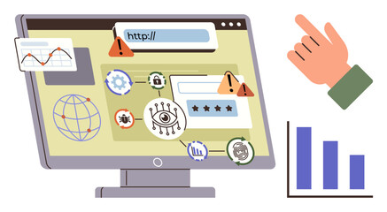 Fototapeta premium Warnings, bugs, and locks on a monitor highlight cybersecurity risks. Includes analytics, malware, settings, graph, and global search. Ideal for technology security data analytics internet