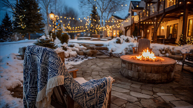Cozy winter evening scene with fire pit blanket chair and festive outdoor lighting on a snowy patio