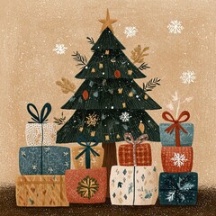 Glowing Christmas tree night scene illustration with snowflakes and warm twinkling lights, dreamy holiday artwork