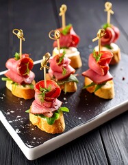 Six elegant canap?s, each featuring thinly sliced cured meat, greens, and a creamy spread atop a baguette slice, artfully arranged on a dark rectangular platter