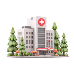 Obraz premium Charming 3D hospital building surrounded by lush trees and greenery, perfect for healthcare visuals.
