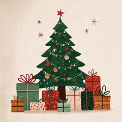 Hand-drawn cute Christmas tree surrounded by gifts, light green and dark red tones on beige background, cozy festive artwork