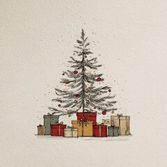 Elegant minimal Christmas tree with gifts illustration, cream paper background, hand-drawn vector art with red and gold accents