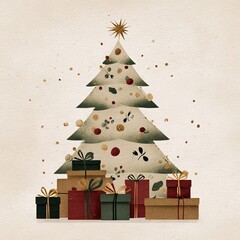 Minimal vector Christmas tree with gifts, cream background and red-gold decorations, elegant festive composition